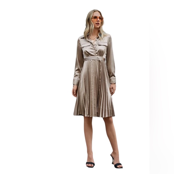 SOLLINARY Dresses & Skirts - GOLDEN SILK PLETED SHIRT DRESS